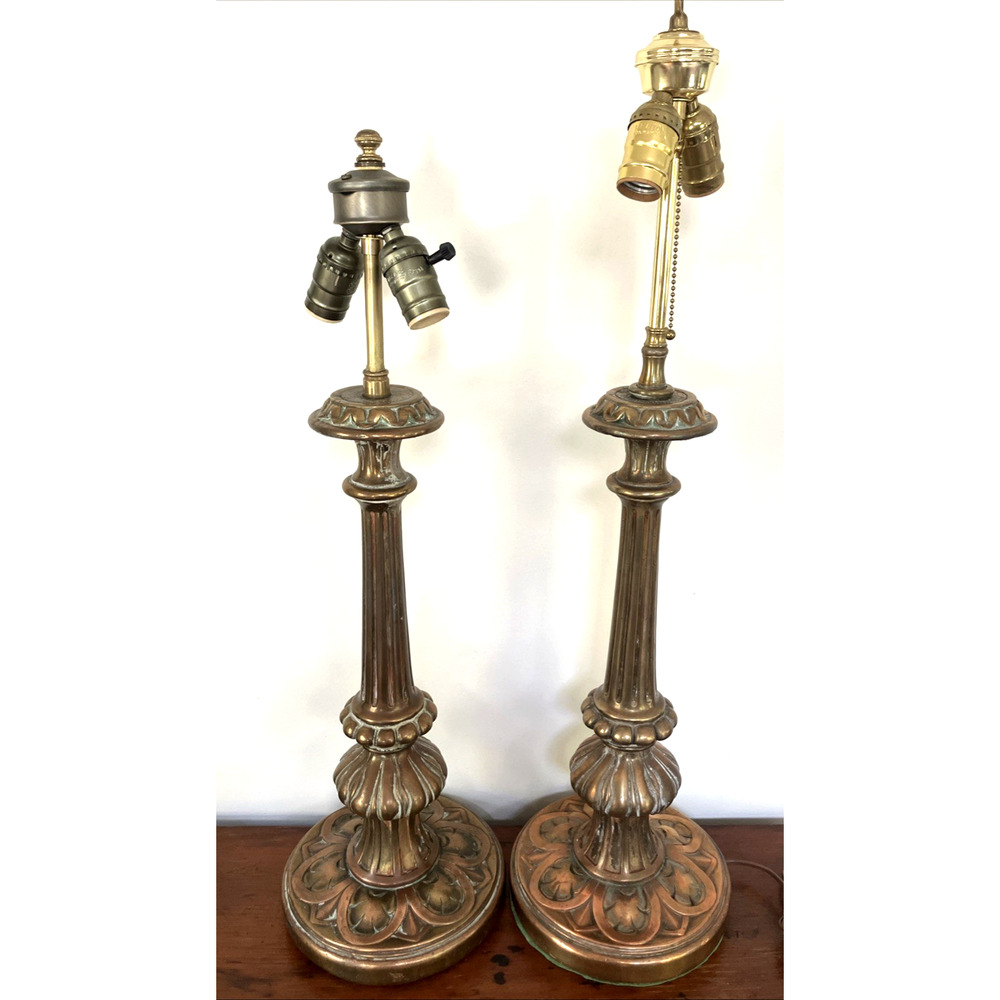 Art Deco Nouveau Cast Copper Vintage Antique 1930s 19.5" Tall Table Lamps Pair
